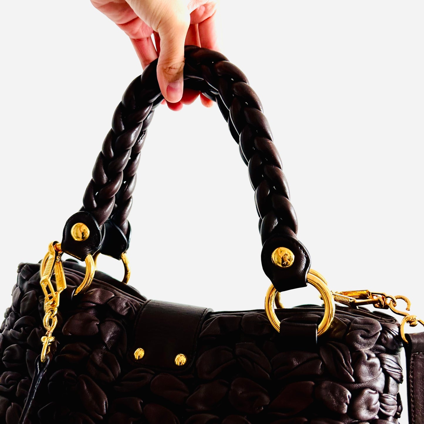 Miu Miu Dark Brown GHW Gaufre Matelasse Lux Leather Classic Logo 2-Way Bauletto Hobo Shopper Shoulder Baguette Sling Bag