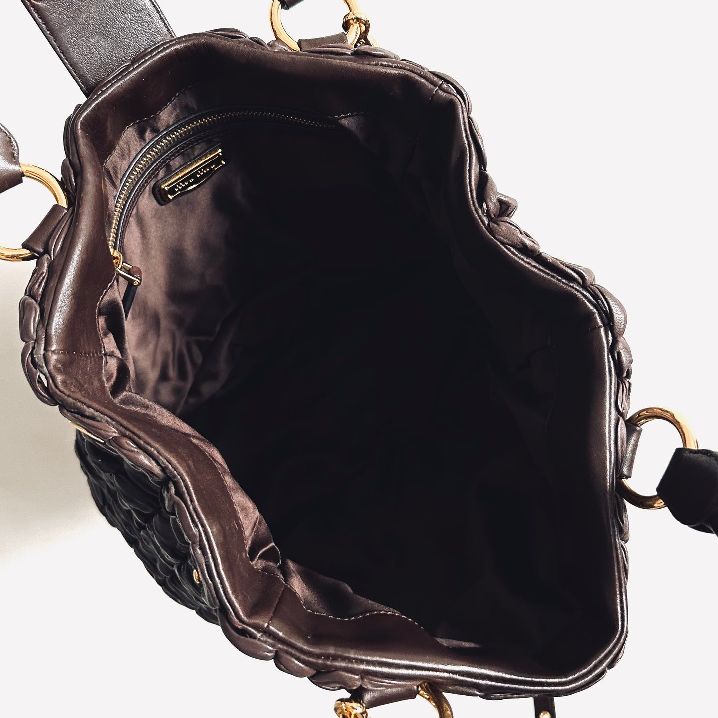 Miu Miu Dark Brown GHW Gaufre Matelasse Lux Leather Classic Logo 2-Way Bauletto Hobo Shopper Shoulder Baguette Sling Bag