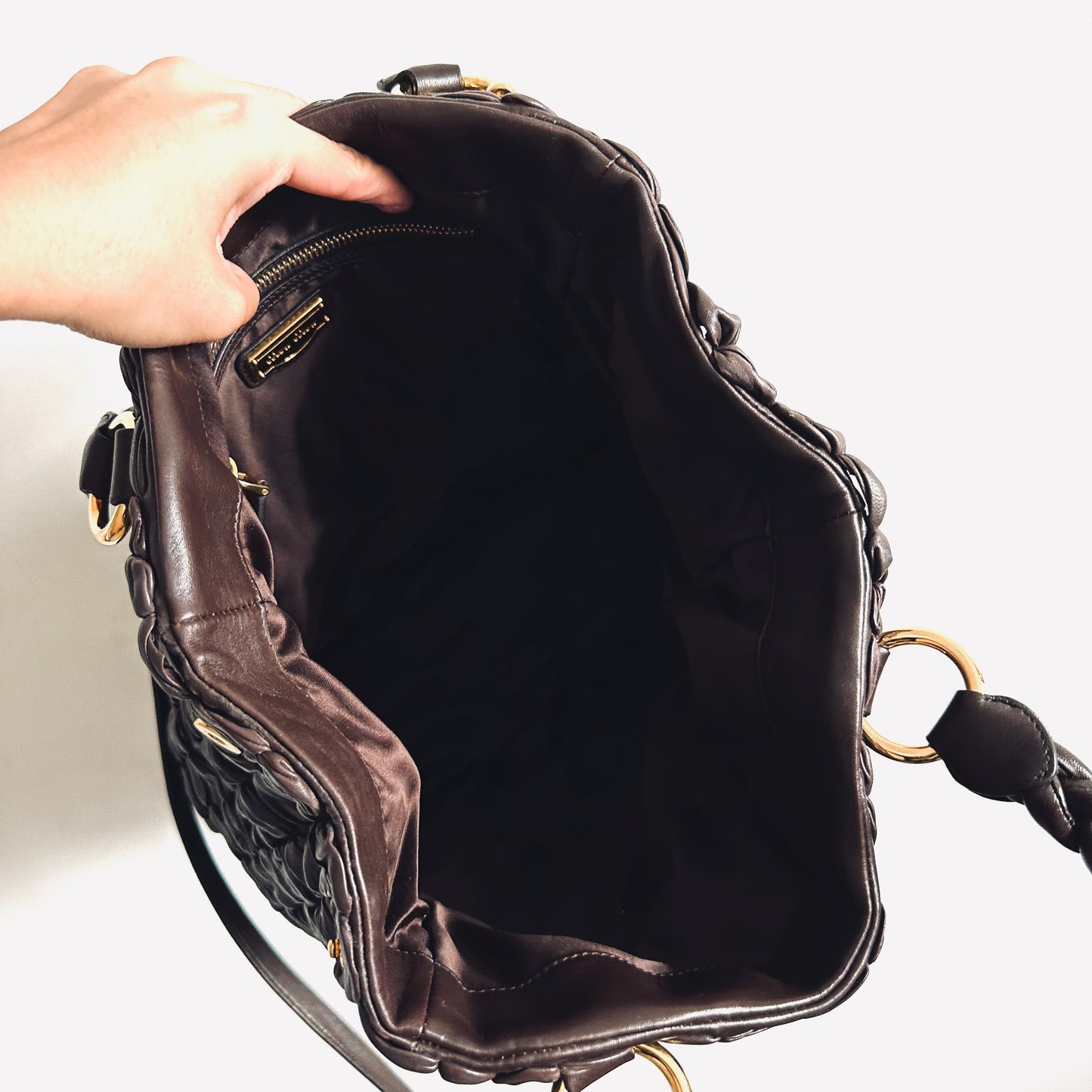 Miu Miu Dark Brown GHW Gaufre Matelasse Lux Leather Classic Logo 2-Way Bauletto Hobo Shopper Shoulder Baguette Sling Bag