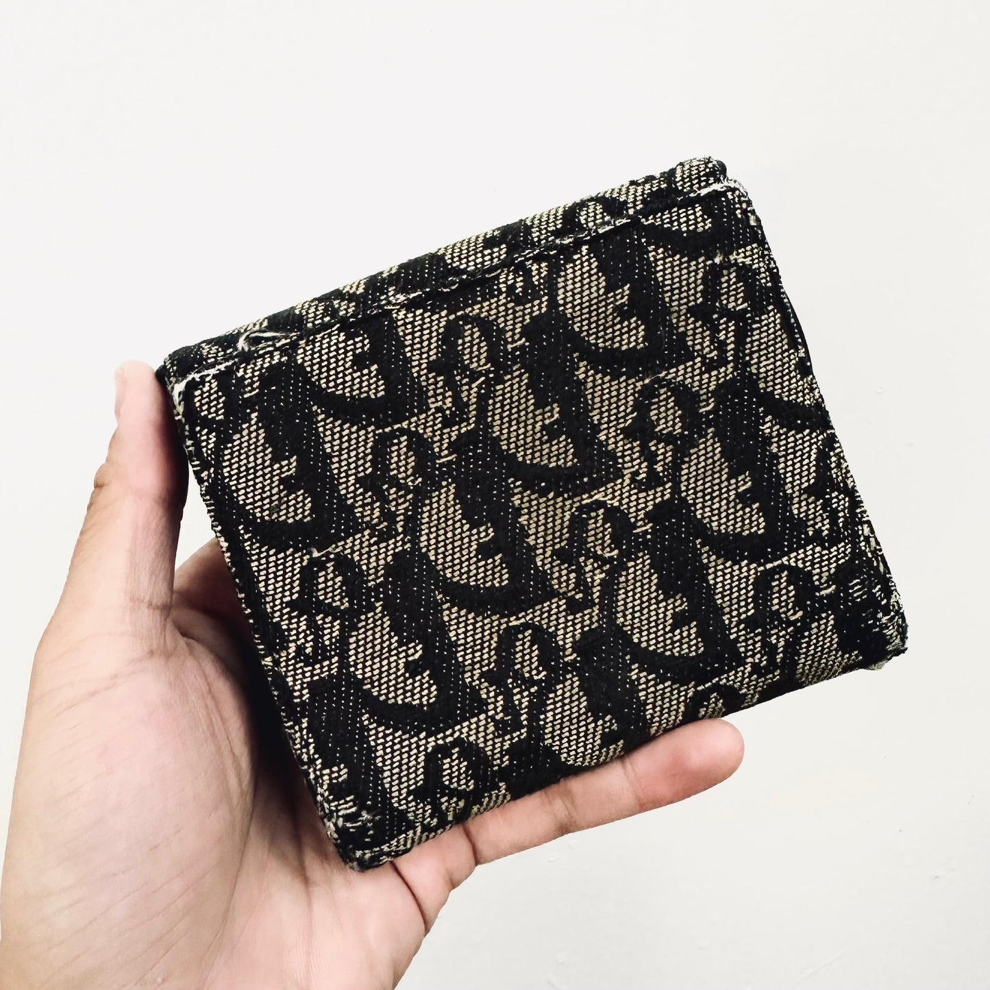 Christian Dior CD Black Saddle Lotus Oblique Monogram Logo Flap Bifold Compact Wallet