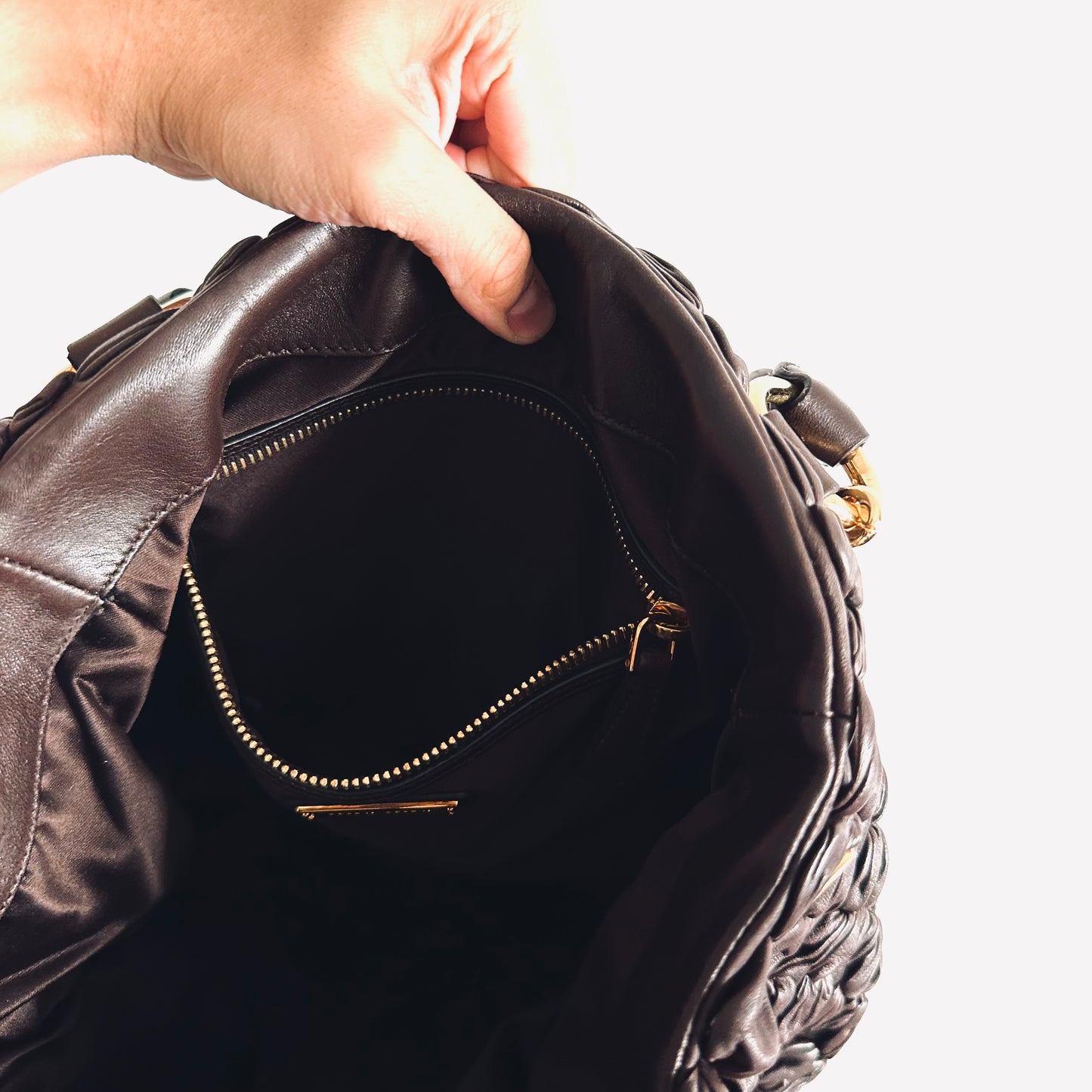 Miu Miu Dark Brown GHW Gaufre Matelasse Lux Leather Classic Logo 2-Way Bauletto Hobo Shopper Shoulder Baguette Sling Bag
