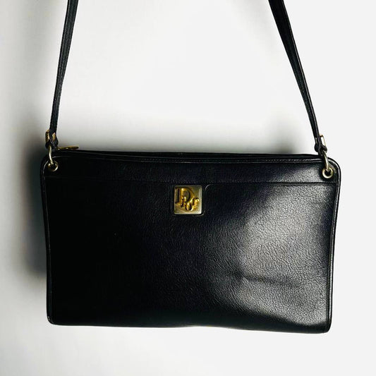 Christian Dior CD Black GHW Monogram Logo Leather Vintage Shoulder Sling Bag