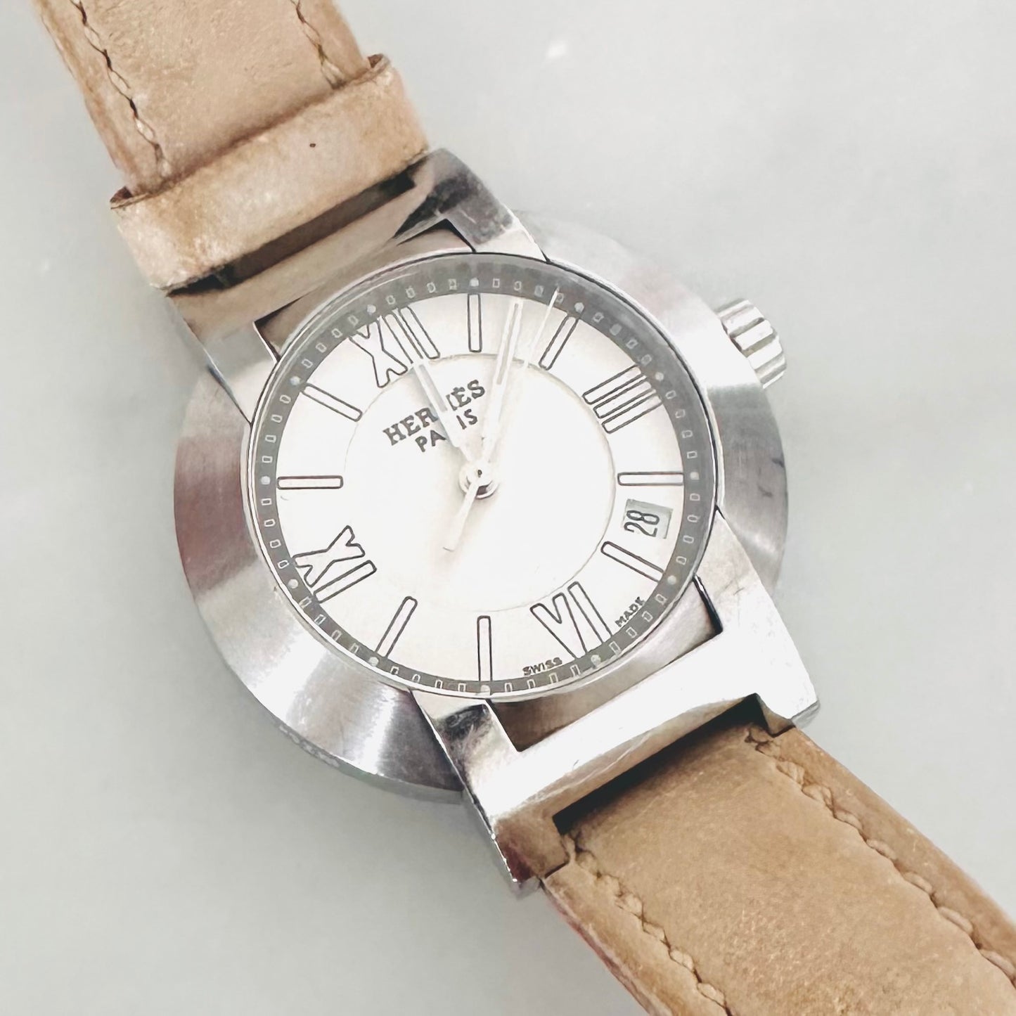 Hermes Nomade Stainless Steel Monogram Logo Automatic Beige Leather Strap 28MM Watch