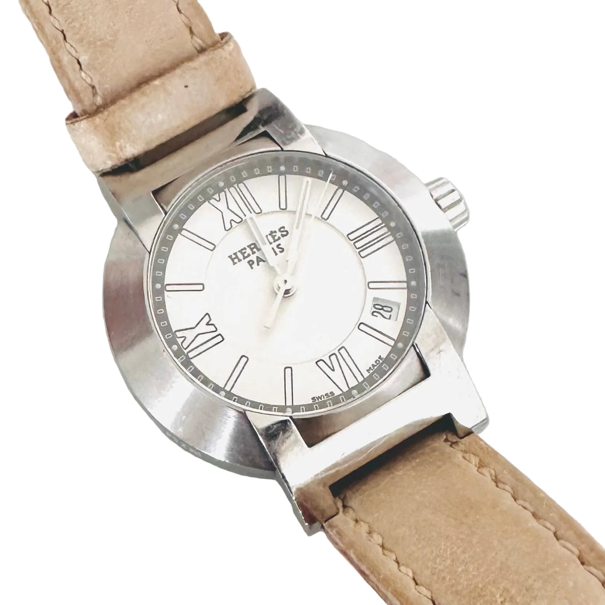 Hermes Nomade Stainless Steel Monogram Logo Automatic Beige Leather Strap 28MM Watch