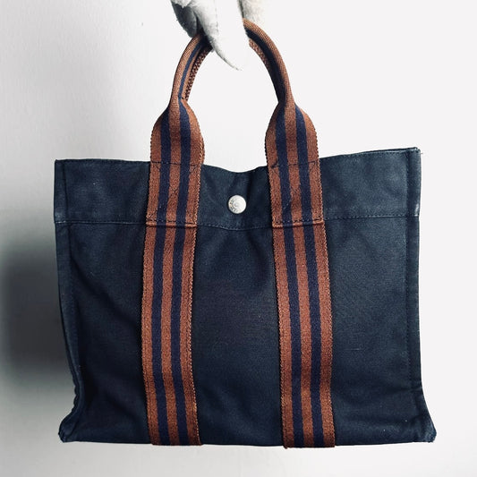 Hermes Herline PM Navy Blue / Maroon Fourre Fool Toile Structured Shopper Tote Bag