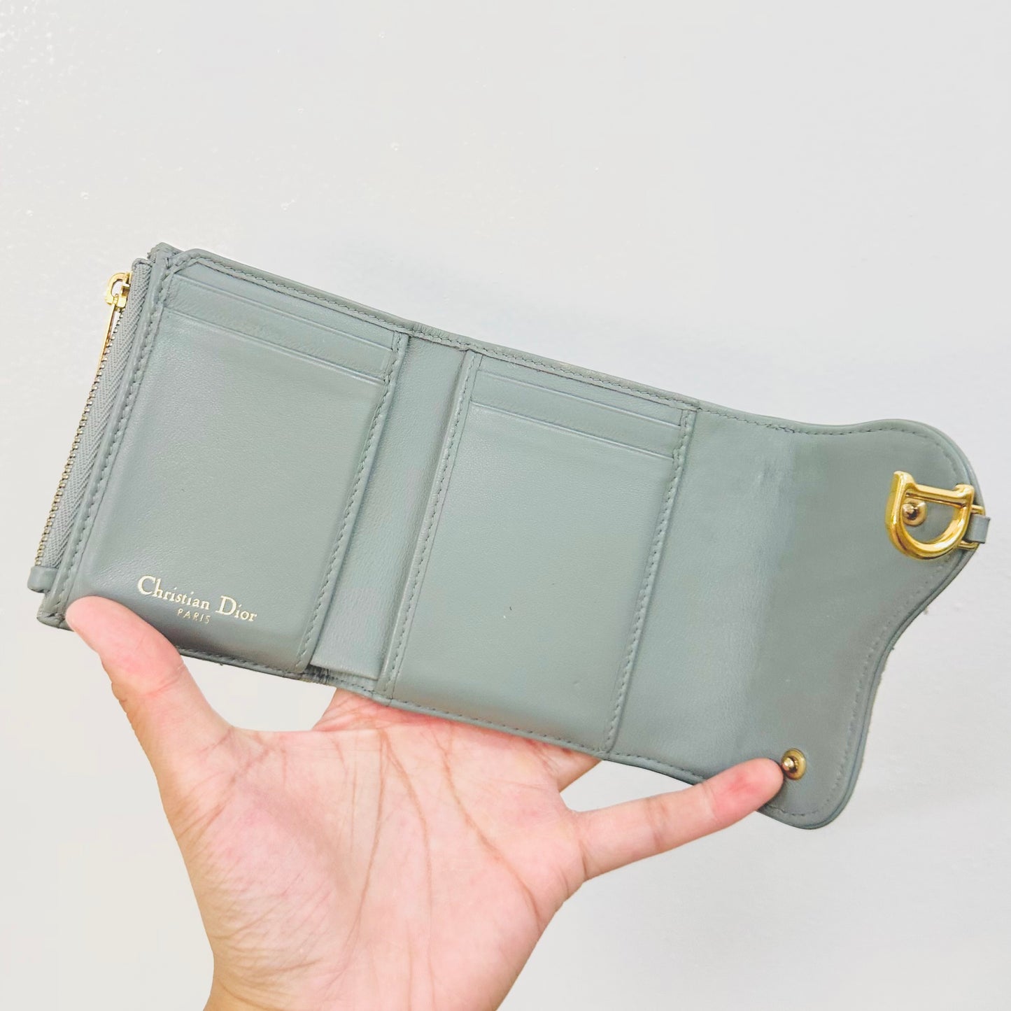 Christian Dior CD Saddle Grey GHW Oblique Monogram Logo Flap Trifold Compact Wallet