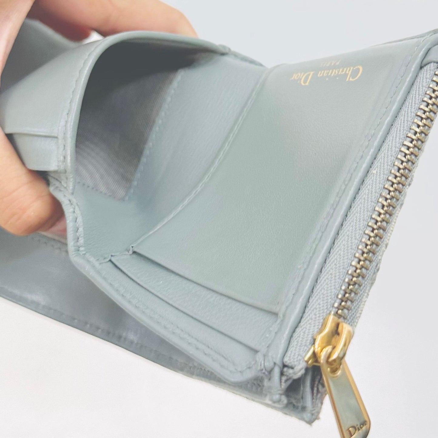 Christian Dior CD Saddle Grey GHW Oblique Monogram Logo Flap Trifold Compact Wallet