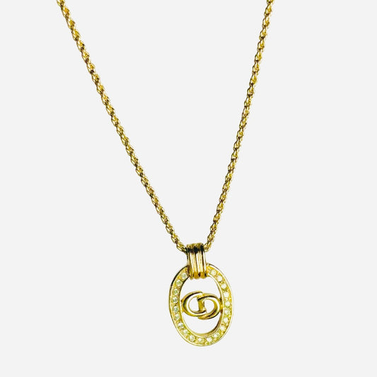 Christian Dior CD Gold & Crystals Oval Monogram Logo Classic Pendant Vintage Necklace