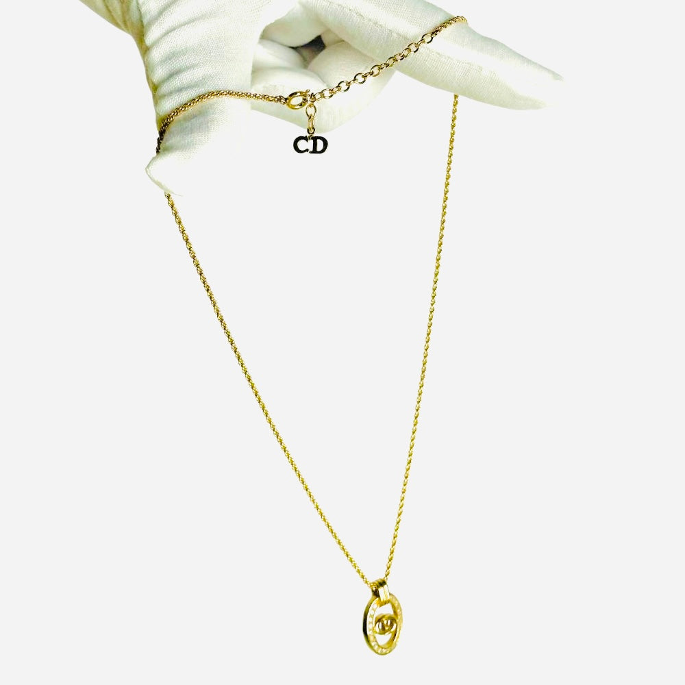 Christian Dior CD Gold & Crystals Oval Monogram Logo Classic Pendant Vintage Necklace