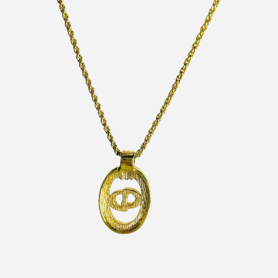 Christian Dior CD Gold & Crystals Oval Monogram Logo Classic Pendant Vintage Necklace