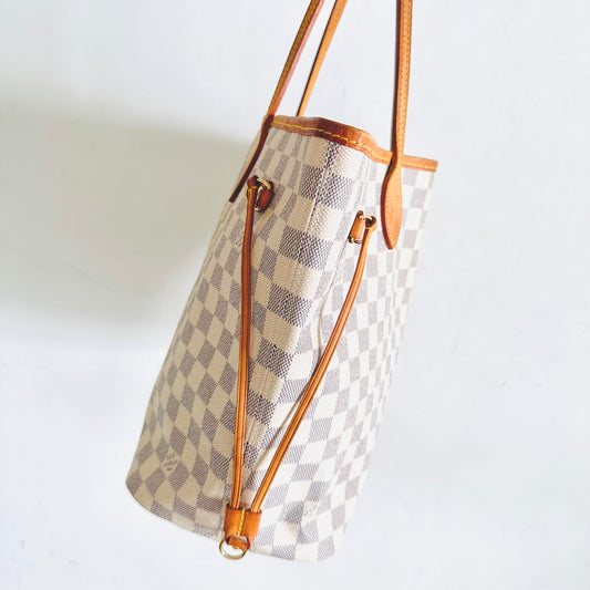 Louis Vuitton LV Neverfull MM Damier Azur DA Monogram Logo GHW Shopper Shoulder Tote Bag