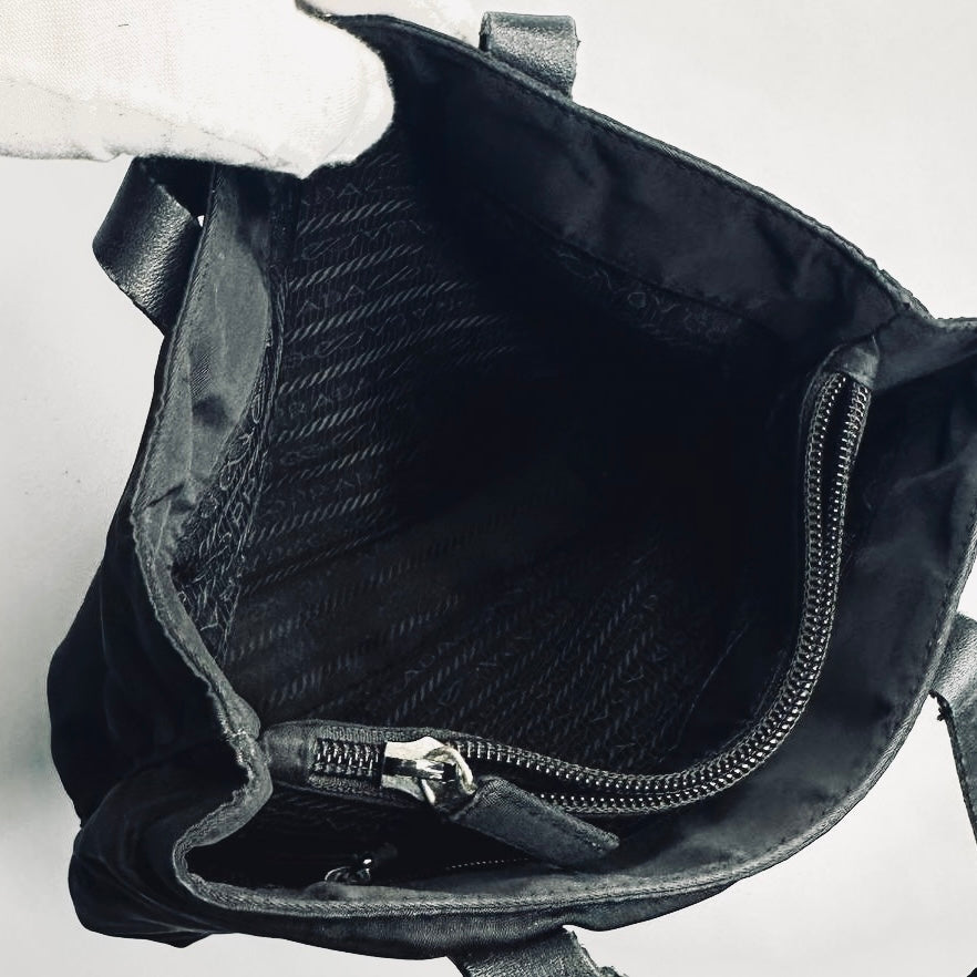 Prada Black Basic Tessuto Nylon Monogram Logo Classic Shopper Tote Bag
