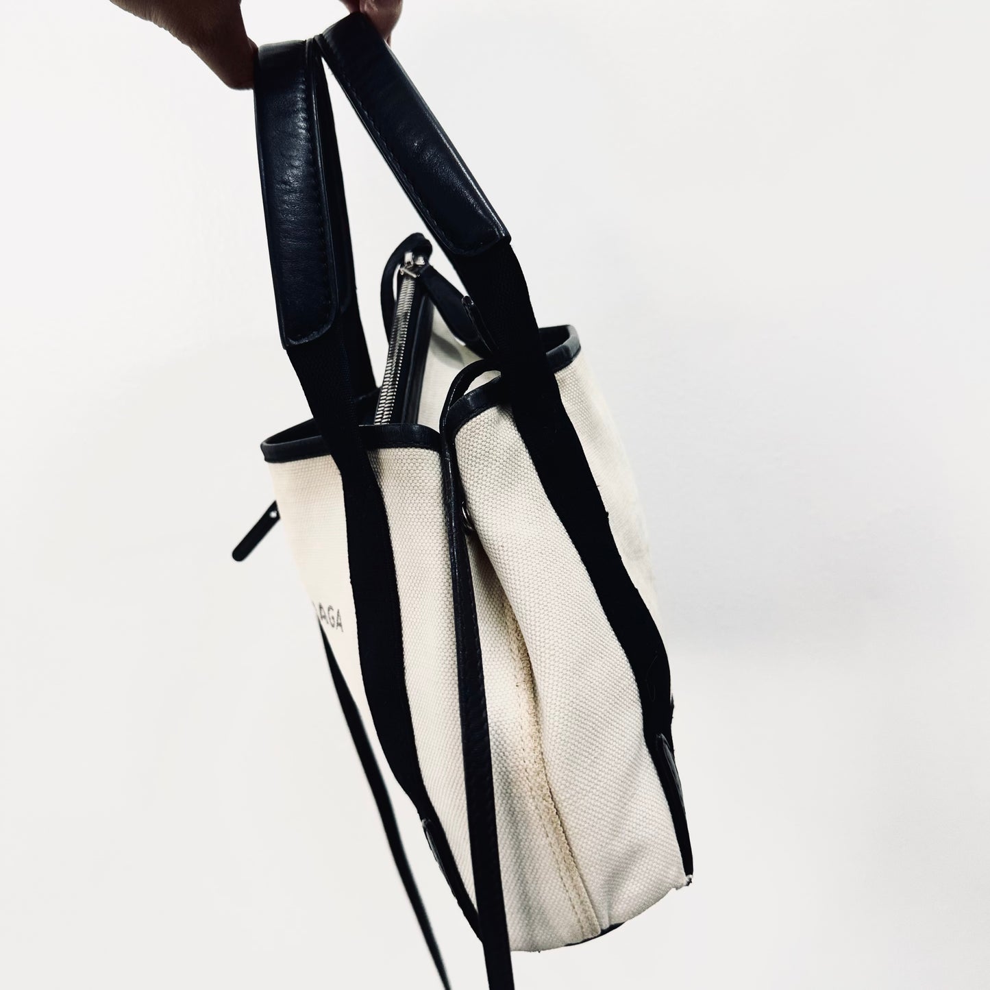 Balenciaga Black / White Cabas Monogram Logo XS 2-Way Structured Shoulder Sling Tote Bag With Pouch