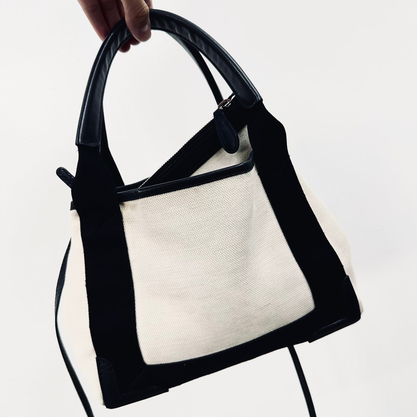 Balenciaga Black / White Cabas Monogram Logo XS 2-Way Structured Shoulder Sling Tote Bag With Pouch