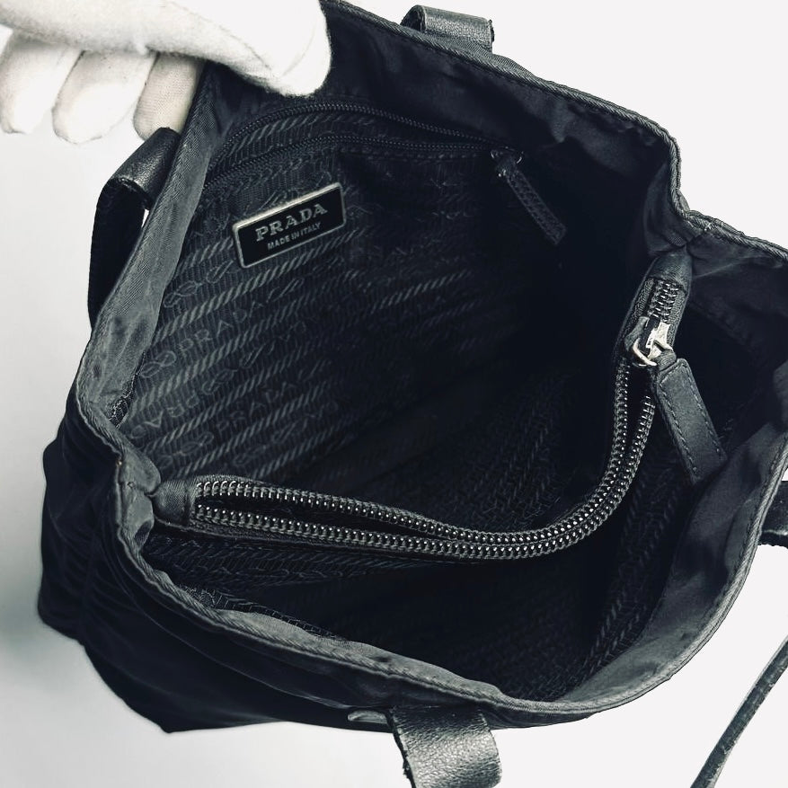 Prada Black Basic Tessuto Nylon Monogram Logo Classic Shopper Tote Bag