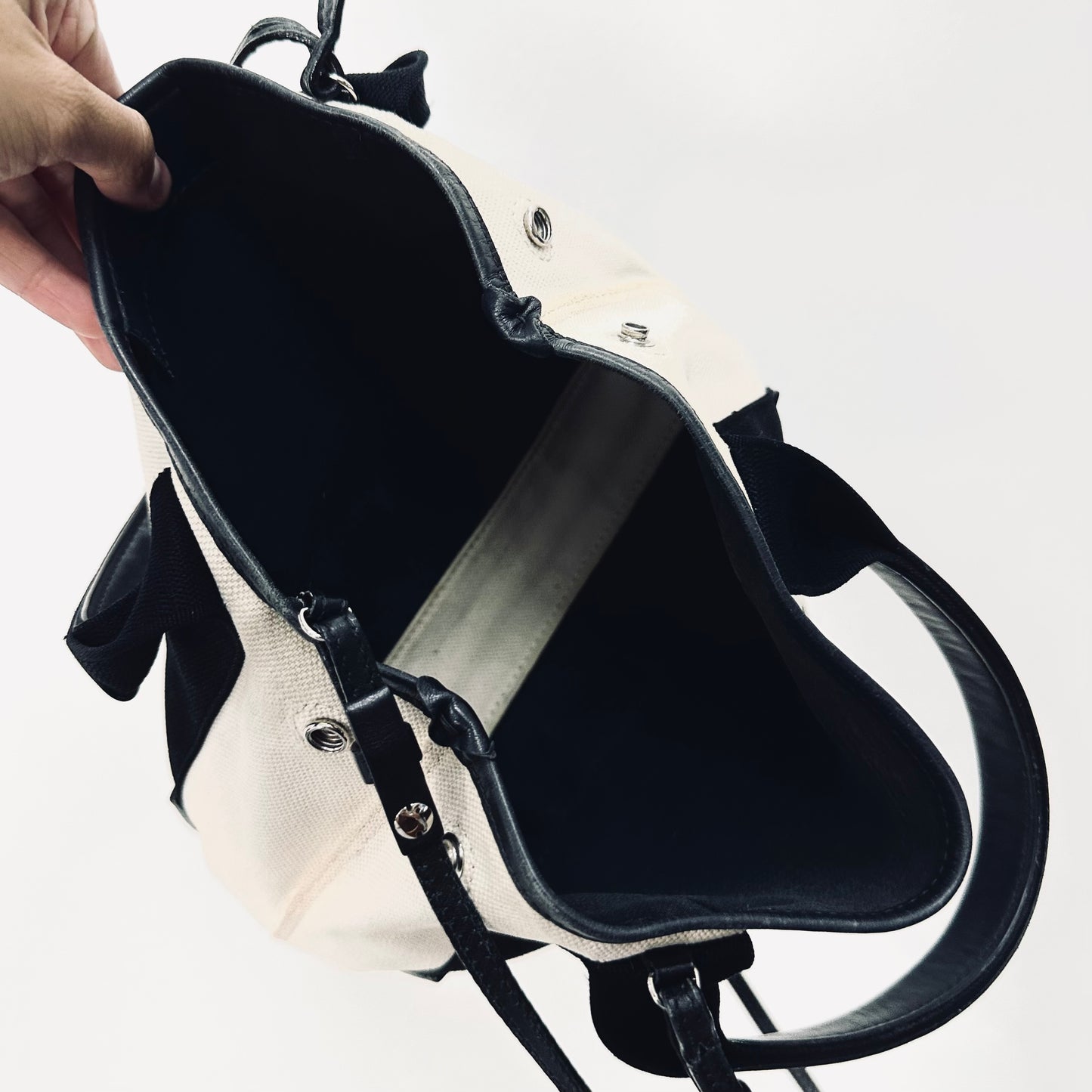 Balenciaga Black / White Cabas Monogram Logo XS 2-Way Structured Shoulder Sling Tote Bag With Pouch