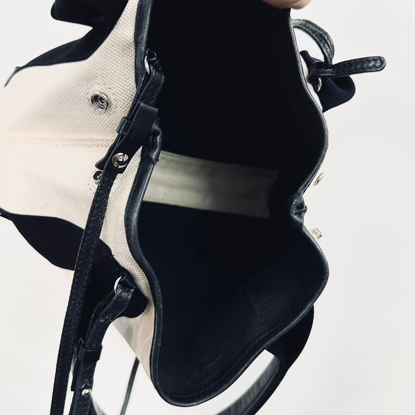 Balenciaga Black / White Cabas Monogram Logo XS 2-Way Structured Shoulder Sling Tote Bag With Pouch