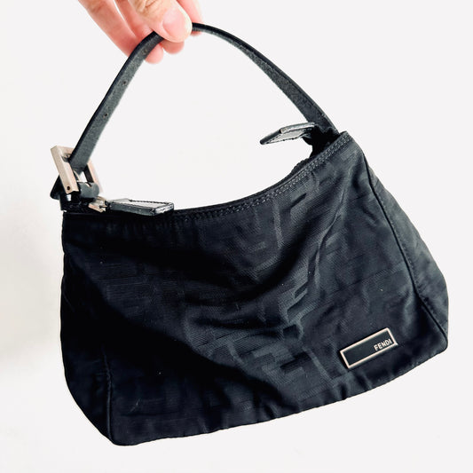 Fendi FF Zucca Black Monogram Logo Zip Baguette Hobo Mamma Pochette Shoulder Bag