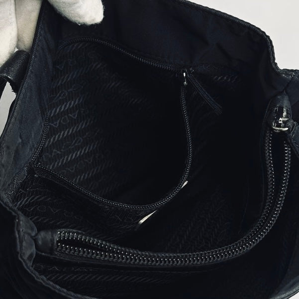 Prada Black Basic Tessuto Nylon Monogram Logo Classic Shopper Tote Bag