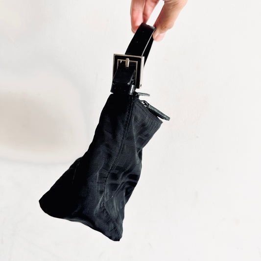 Fendi FF Zucca Black Monogram Logo Zip Baguette Hobo Mamma Pochette Shoulder Bag