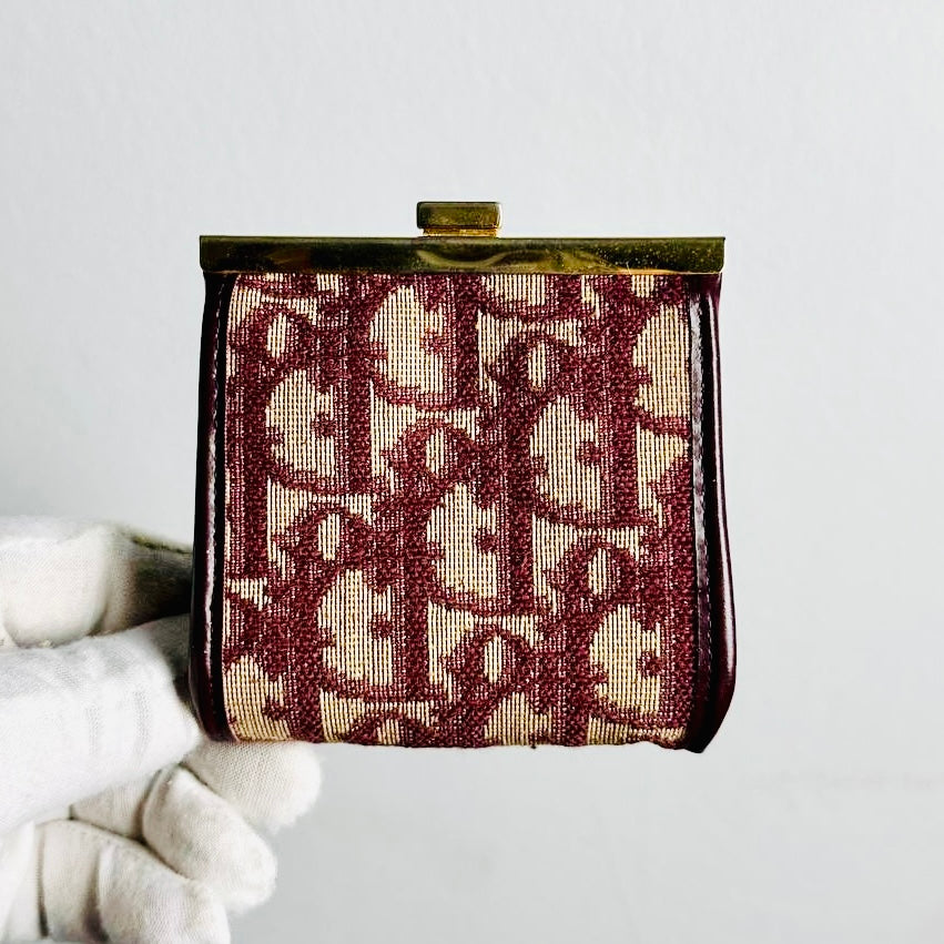 Christian Dior CD Maroon Red GHW Oblique Monogram Logo Coin Purse Pouch Case Wallet