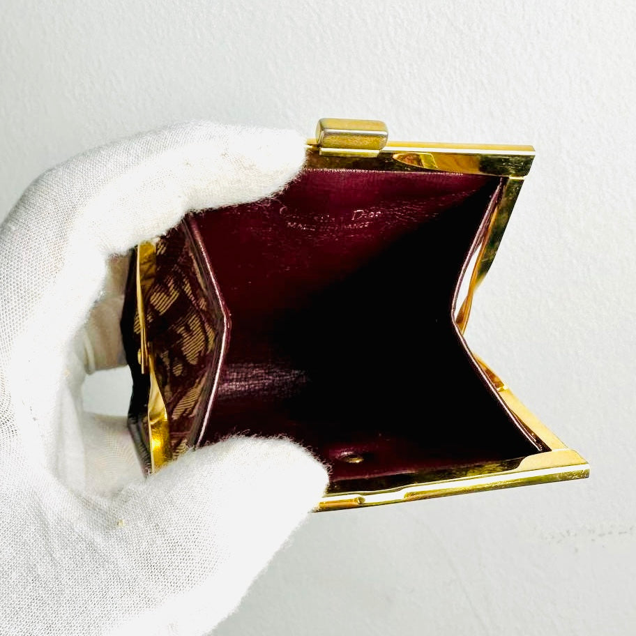 Christian Dior CD Maroon Red GHW Oblique Monogram Logo Coin Purse Pouch Case Wallet