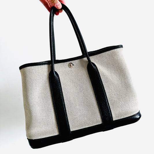 Hermes Ash / Black Garden Party 30 GP30 TPM Toile / Negonda Leather Shoulder Shopper Tote Bag