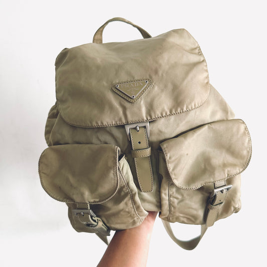 Prada Taupe Beige Tessuto Classic Logo Nylon & Leather Backpack Flap Drawstring Bag