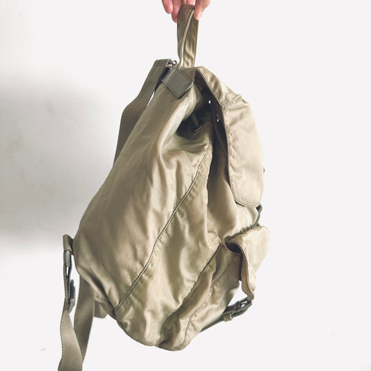 Prada Taupe Beige Tessuto Classic Logo Nylon & Leather Backpack Flap Drawstring Bag