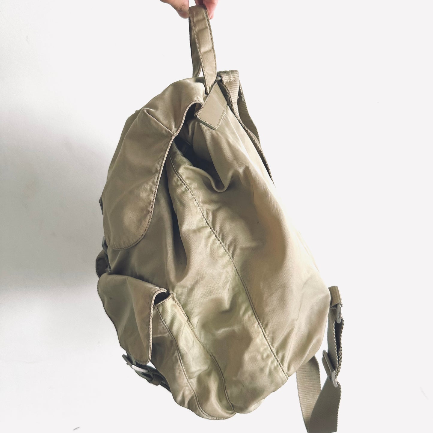 Prada Taupe Beige Tessuto Classic Logo Nylon & Leather Backpack Flap Drawstring Bag
