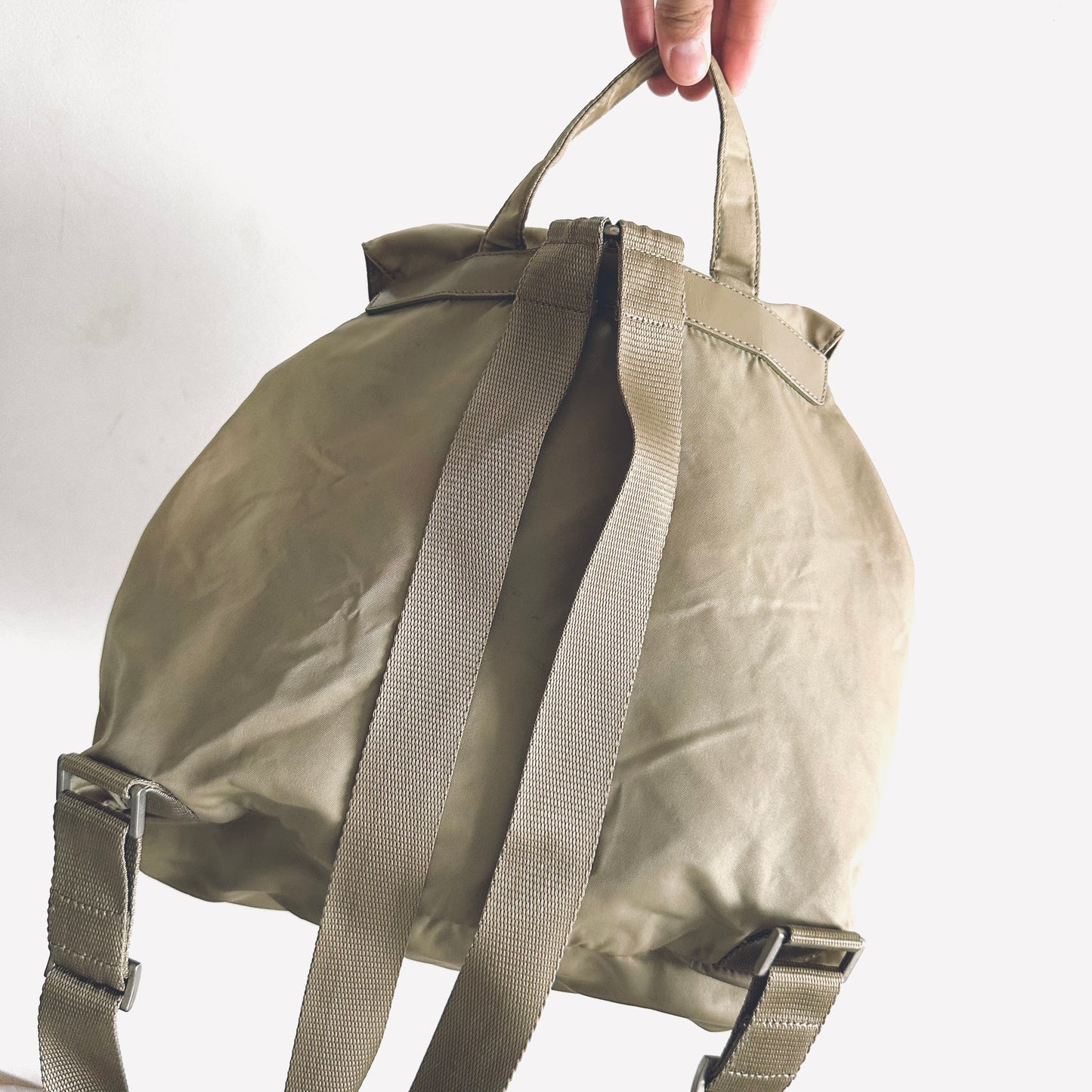 Prada Taupe Beige Tessuto Classic Logo Nylon & Leather Backpack Flap Drawstring Bag