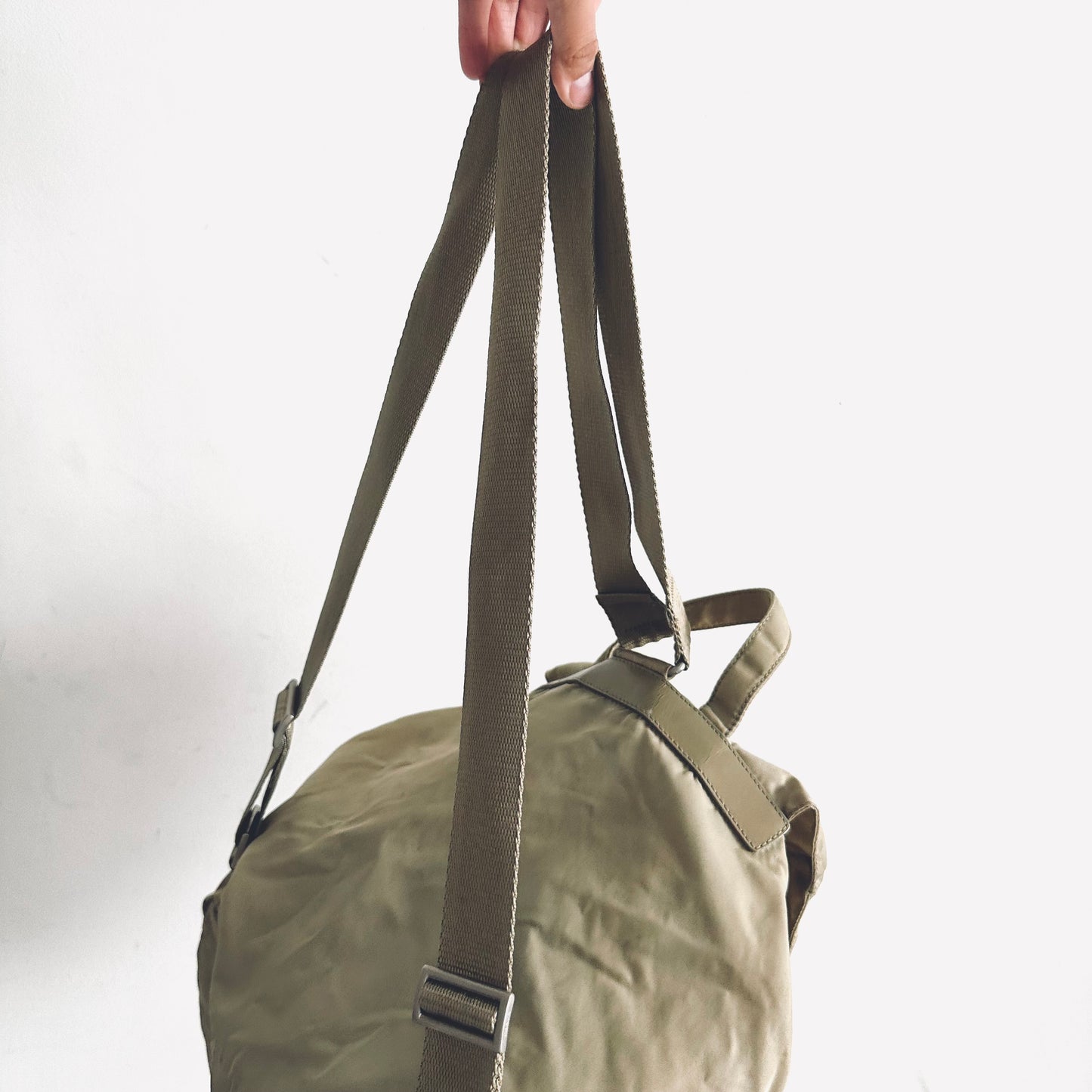 Prada Taupe Beige Tessuto Classic Logo Nylon & Leather Backpack Flap Drawstring Bag