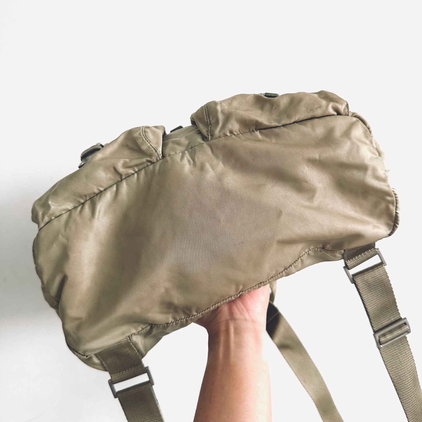 Prada Taupe Beige Tessuto Classic Logo Nylon & Leather Backpack Flap Drawstring Bag