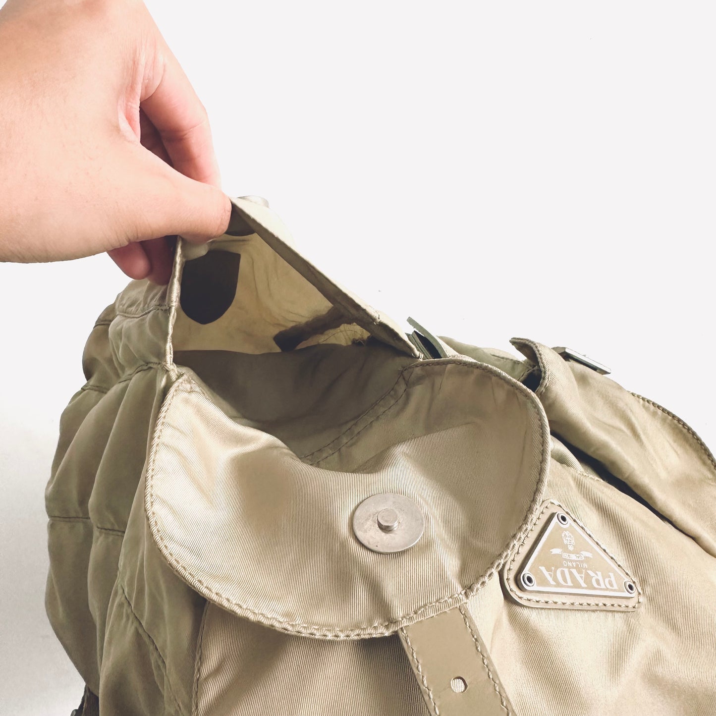 Prada Taupe Beige Tessuto Classic Logo Nylon & Leather Backpack Flap Drawstring Bag