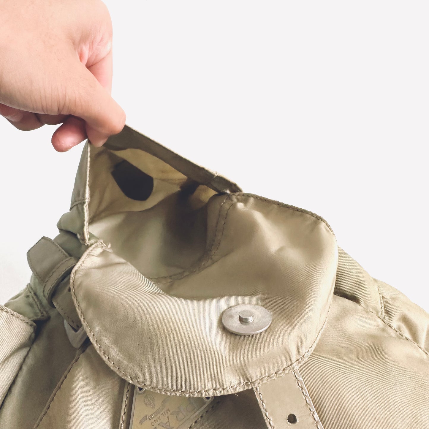 Prada Taupe Beige Tessuto Classic Logo Nylon & Leather Backpack Flap Drawstring Bag