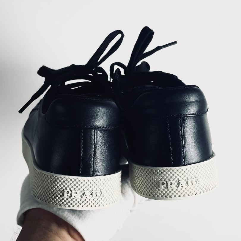 Prada Black / White Monogram Logo Smooth Leather Lace Up Sneakers Shoes