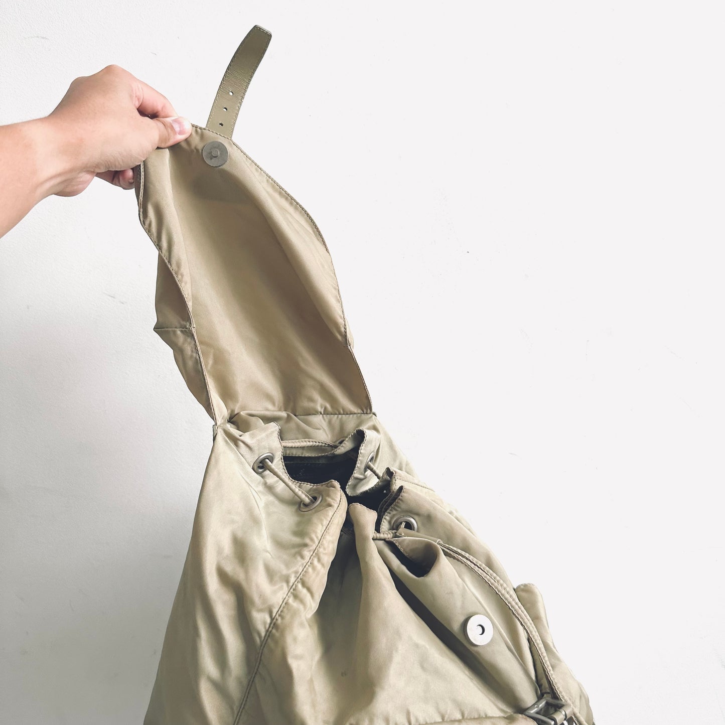 Prada Taupe Beige Tessuto Classic Logo Nylon & Leather Backpack Flap Drawstring Bag