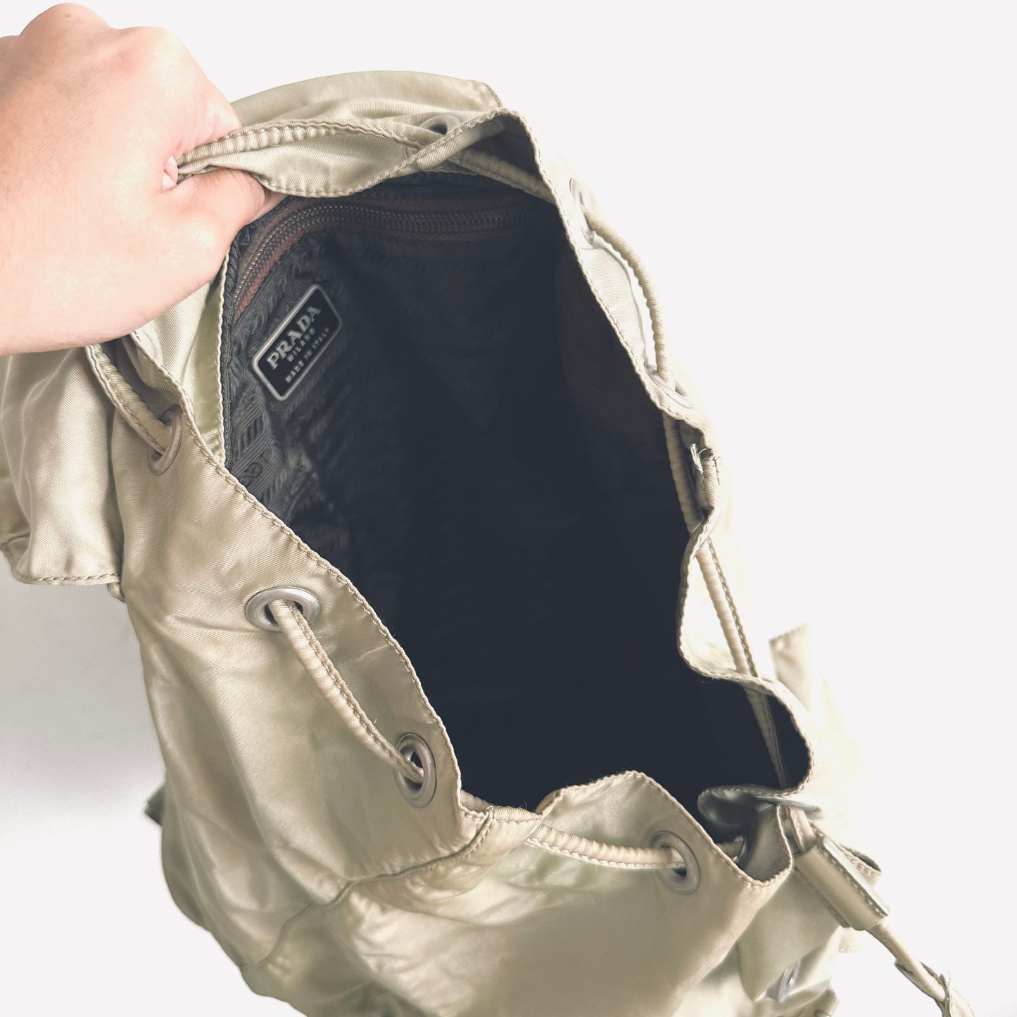 Prada Taupe Beige Tessuto Classic Logo Nylon & Leather Backpack Flap Drawstring Bag