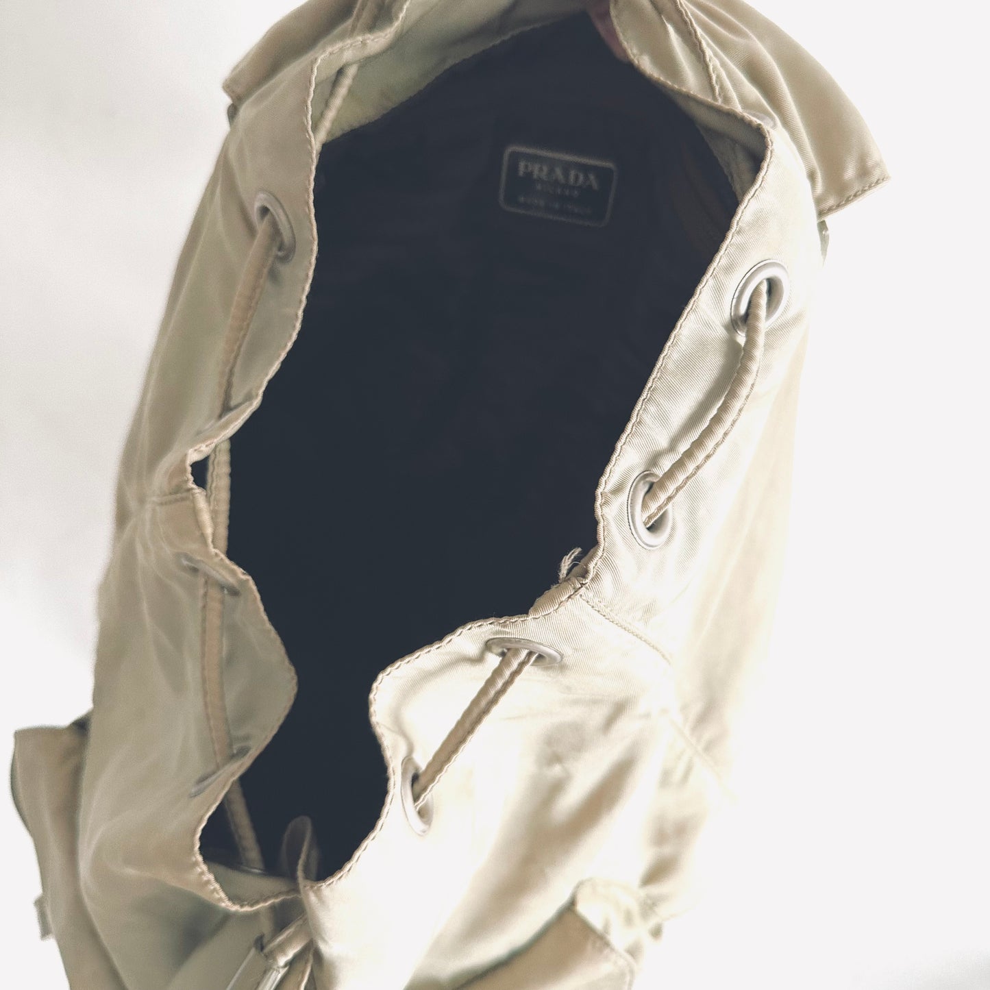 Prada Taupe Beige Tessuto Classic Logo Nylon & Leather Backpack Flap Drawstring Bag