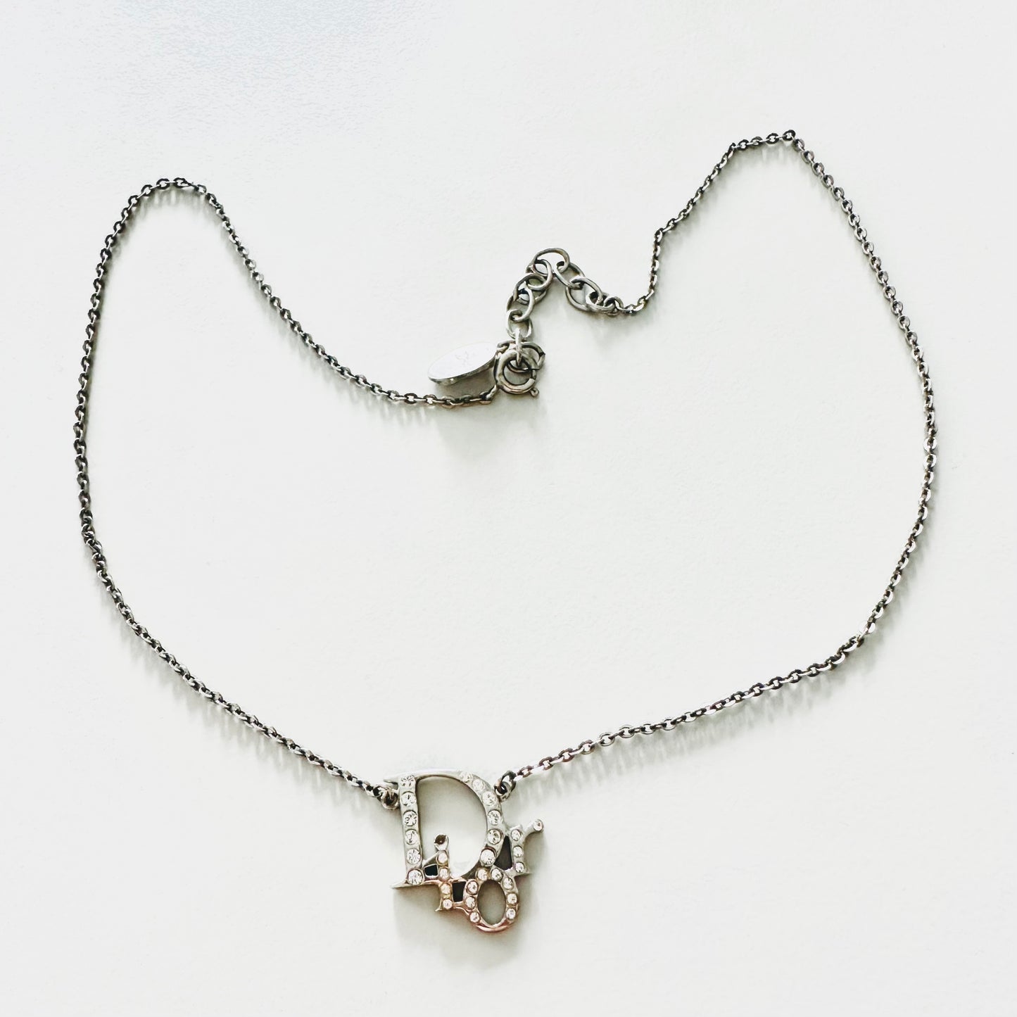 Christian Dior CD Silver Charms & Crystals Large Dangling Monogram Logo Signature Classic Vintage Necklace