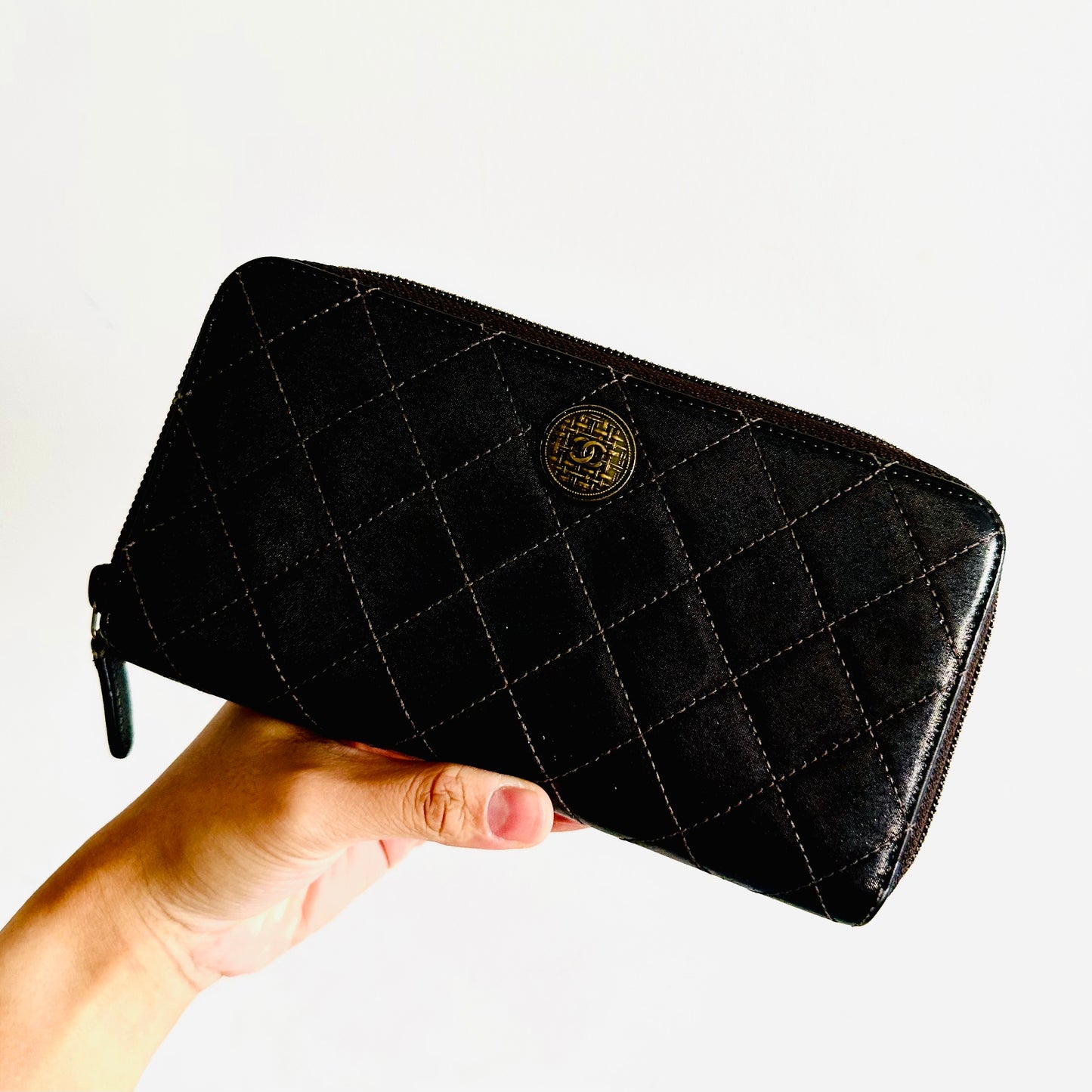 Chanel Zippy Dark Brown GHW CC Logo Quilted Iridescent Lambskin Zip Around Long Wallet 18s