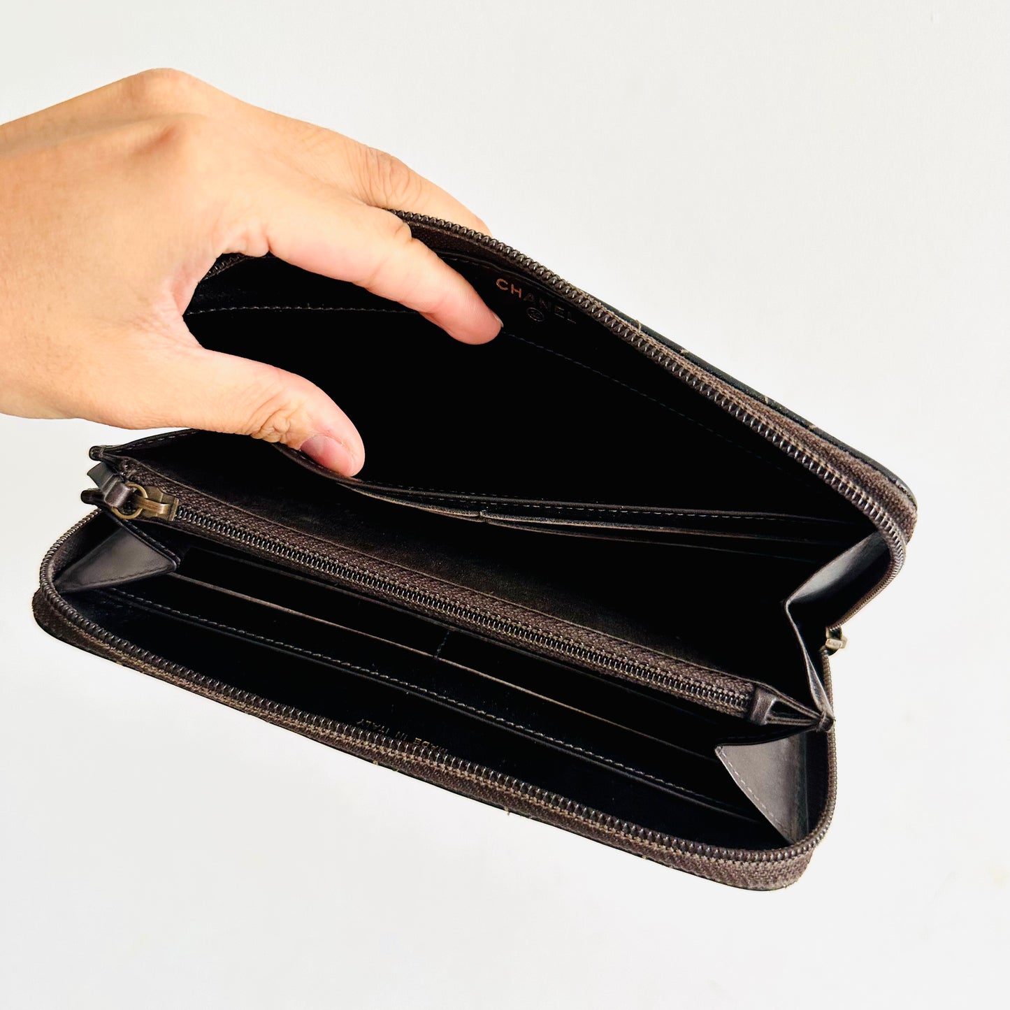 Chanel Zippy Dark Brown GHW CC Logo Quilted Iridescent Lambskin Zip Around Long Wallet 18s