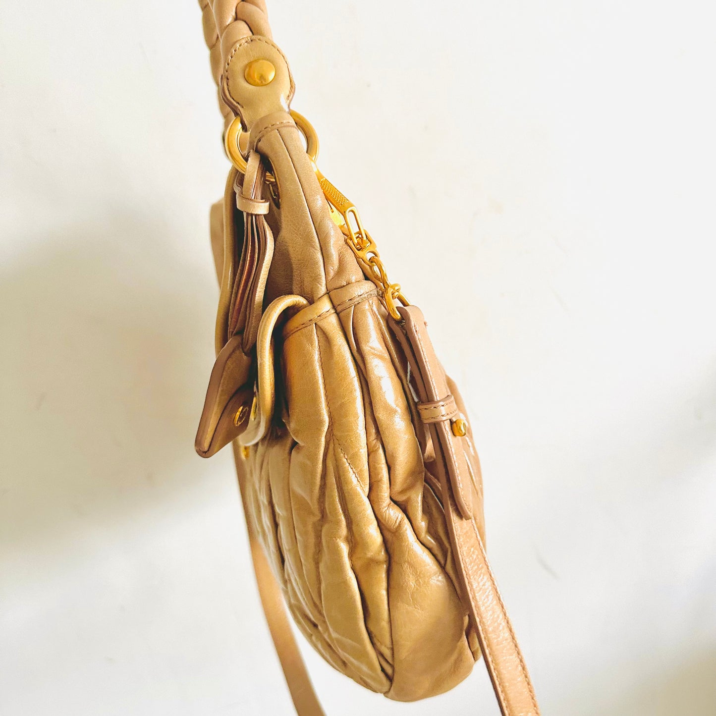 Miu Miu Beige GHW Matelasse Lux Leather Classic Logo 2-Way Bauletto Hobo Shopper Shoulder Baguette Sling Bag