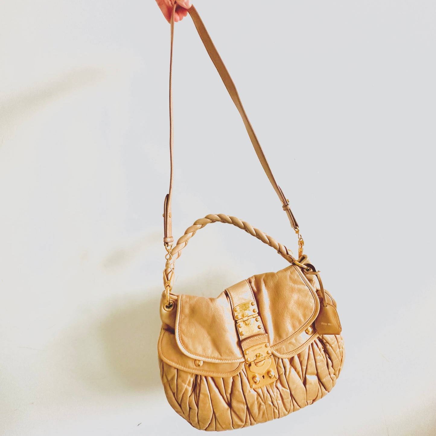 Miu Miu Beige GHW Matelasse Lux Leather Classic Logo 2-Way Bauletto Hobo Shopper Shoulder Baguette Sling Bag