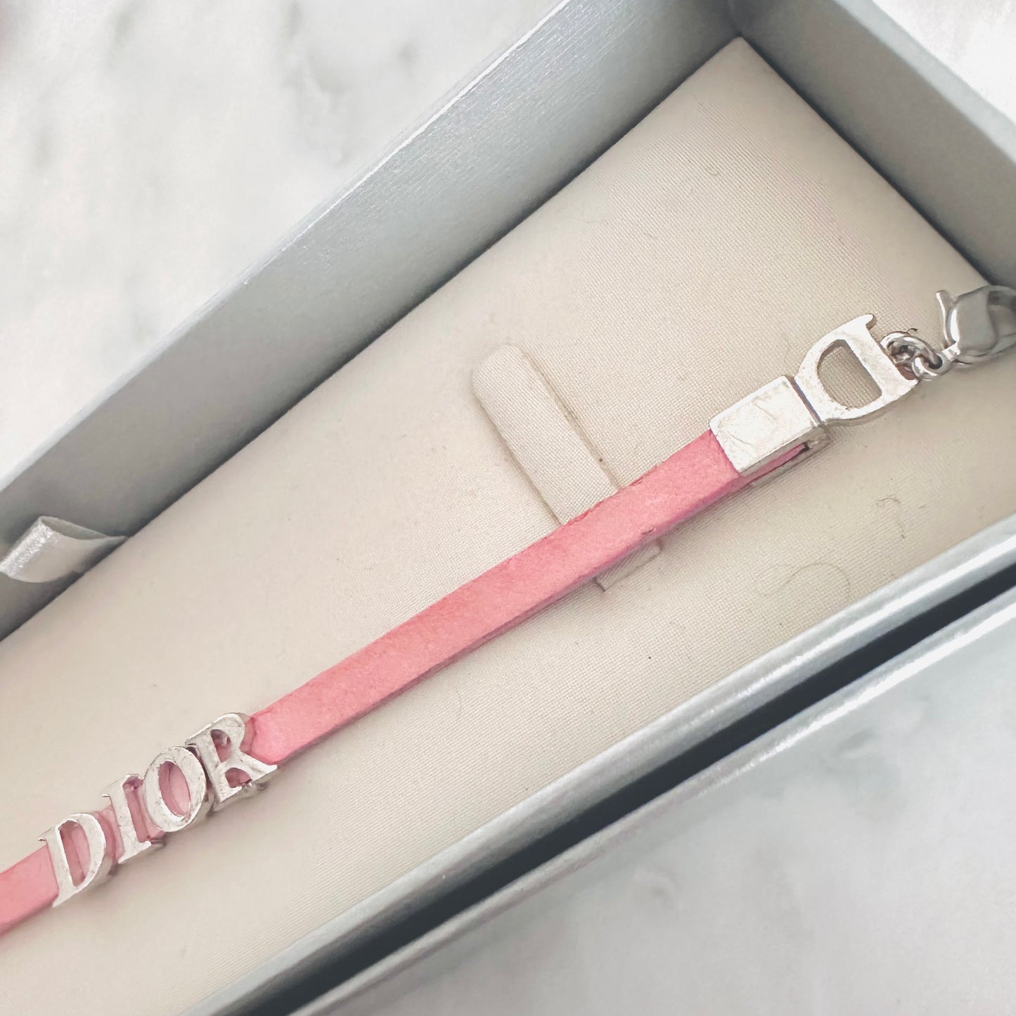 Christian Dior CD Pink Leather Silver Monogram Logo Charms Bracelet