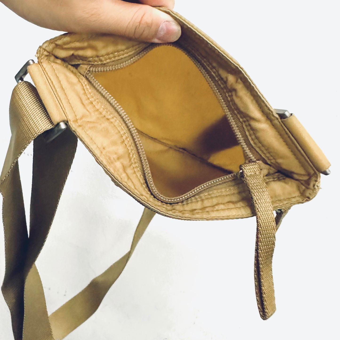 Prada Taupe Beige Tessuto Logo Classic Nylon Zip Shoulder Sling Bag