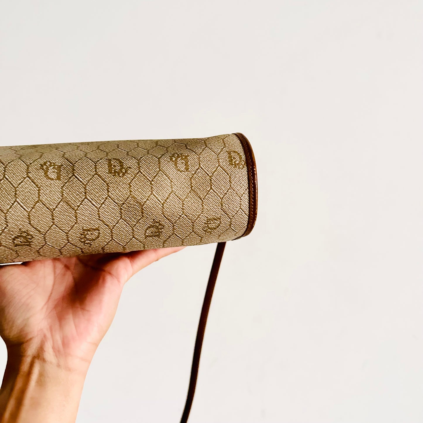 Christian Dior CD Beige Honeycomb GHW Oblique Monogram Logo Roller Zip Shoulder Sling Bag