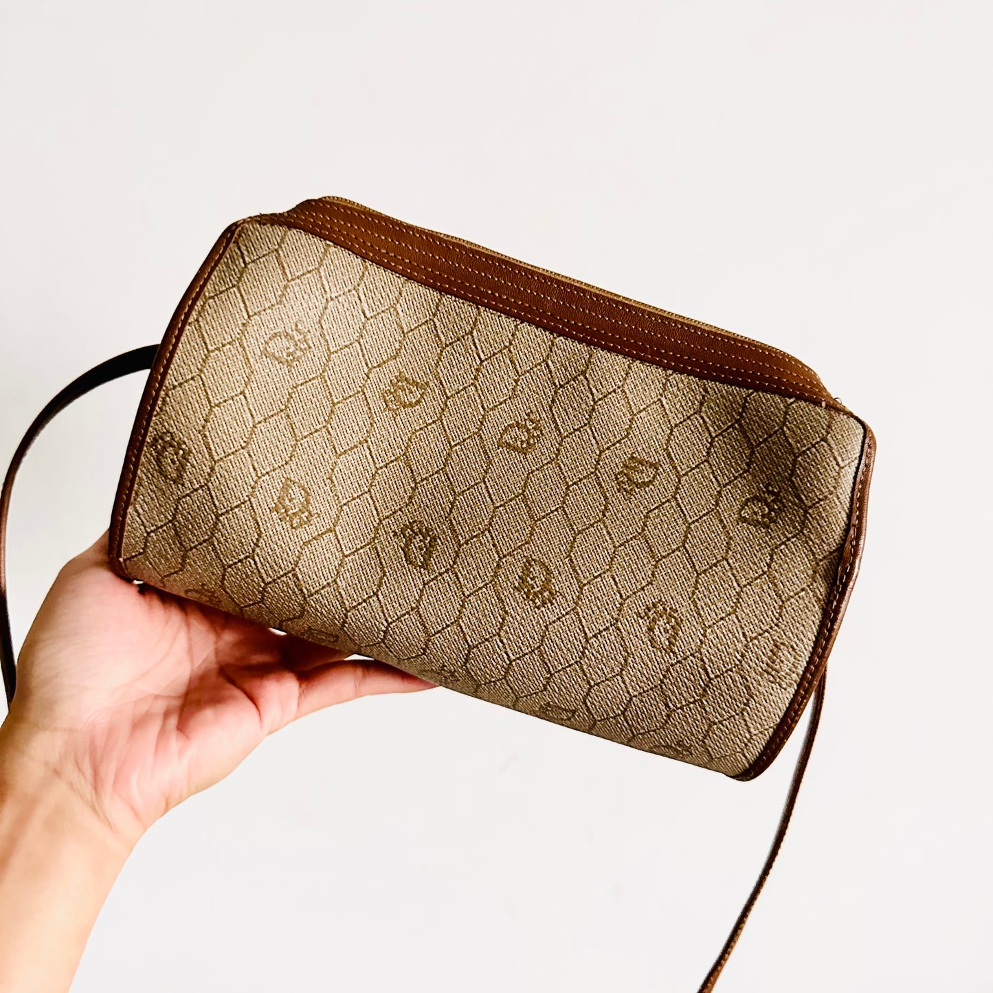 Christian Dior CD Beige Honeycomb GHW Oblique Monogram Logo Roller Zip Shoulder Sling Bag