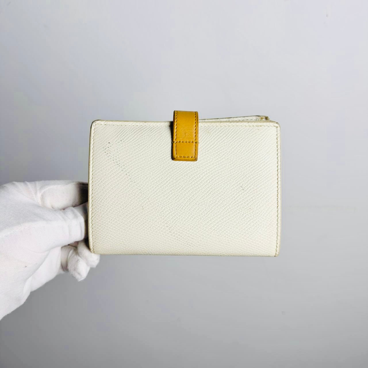Celine White / Tan GHW Grained Calfskin Leather Logo Medium Strap Compact Bifold Wallet