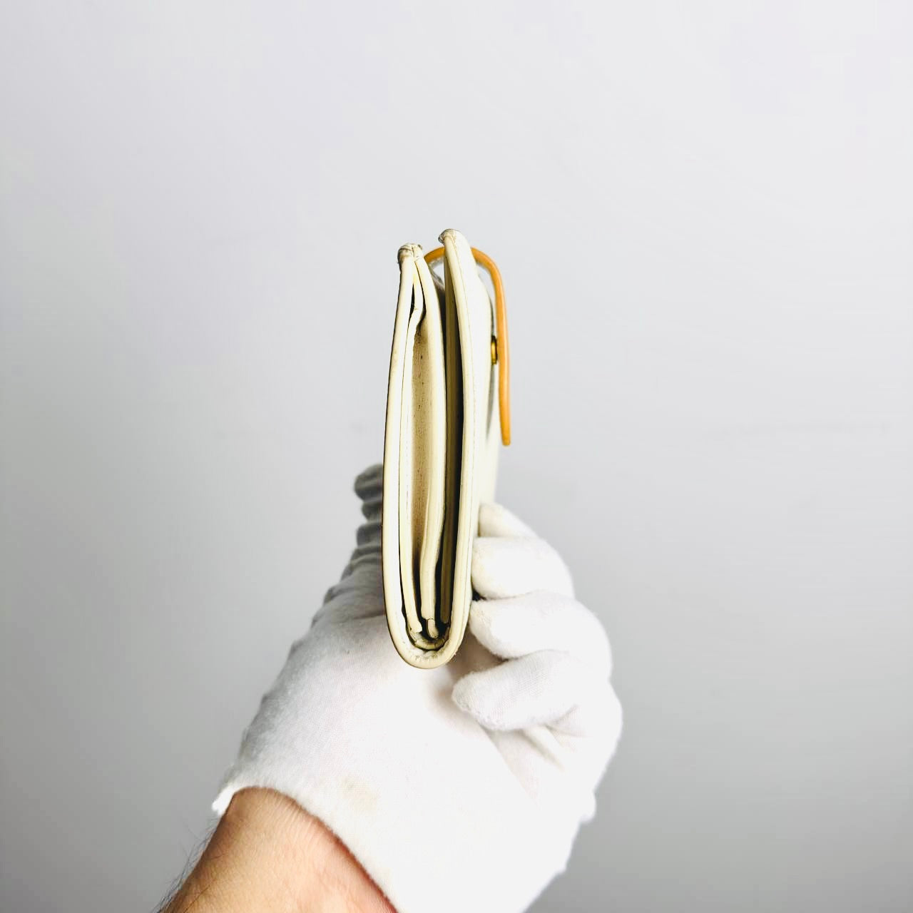 Celine White / Tan GHW Grained Calfskin Leather Logo Medium Strap Compact Bifold Wallet